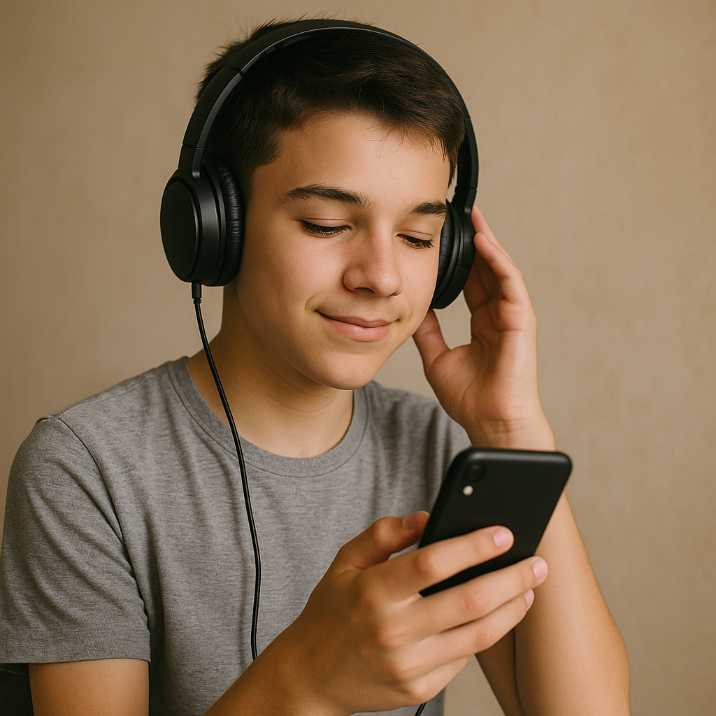 スマホで音楽を聴く中学生くらいの男の子