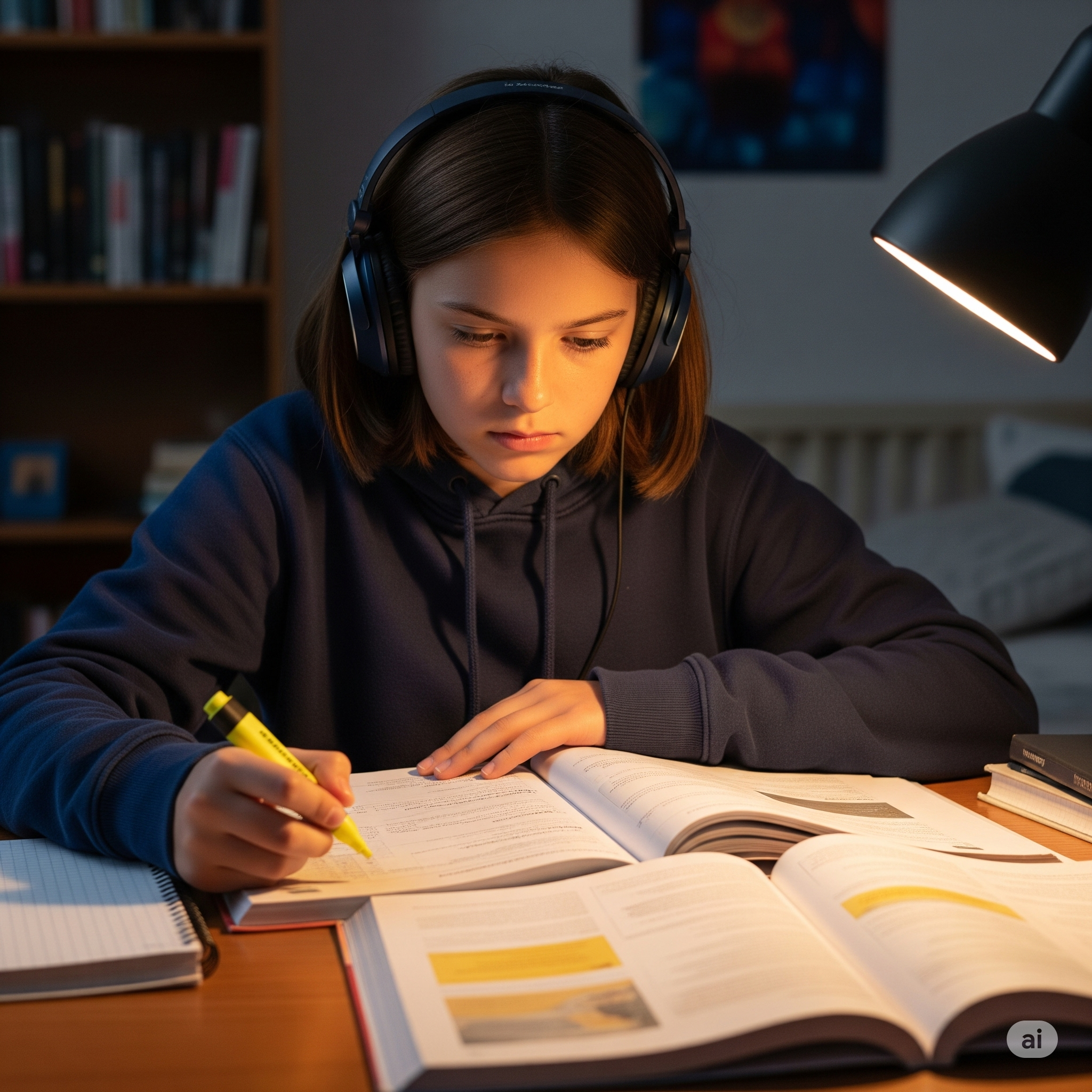 音楽を聴きながら勉強する中学生の女の子