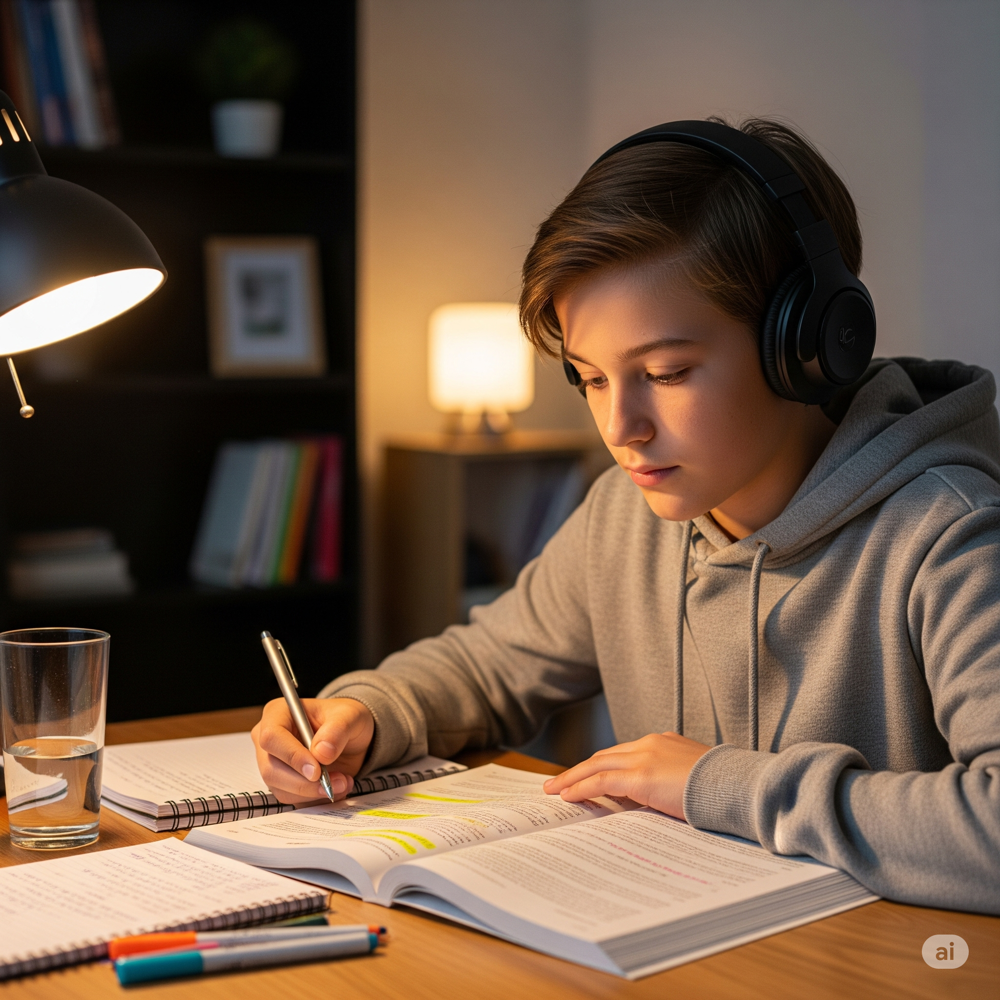 ヘッドフォンで勉強している中学生の男の子